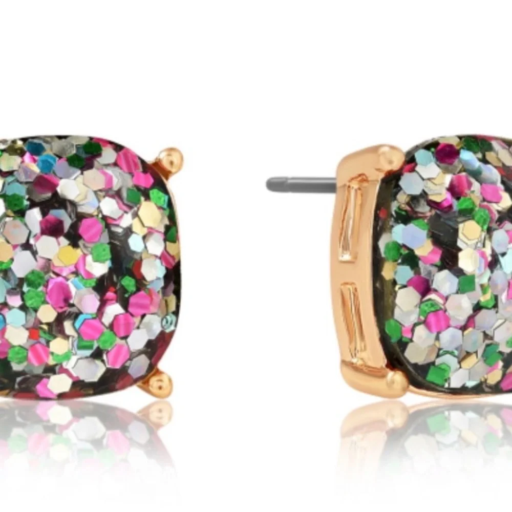 Kate Spade Multicolor Square Glitter Stud Earrings | Gold Setting - Dust Bag